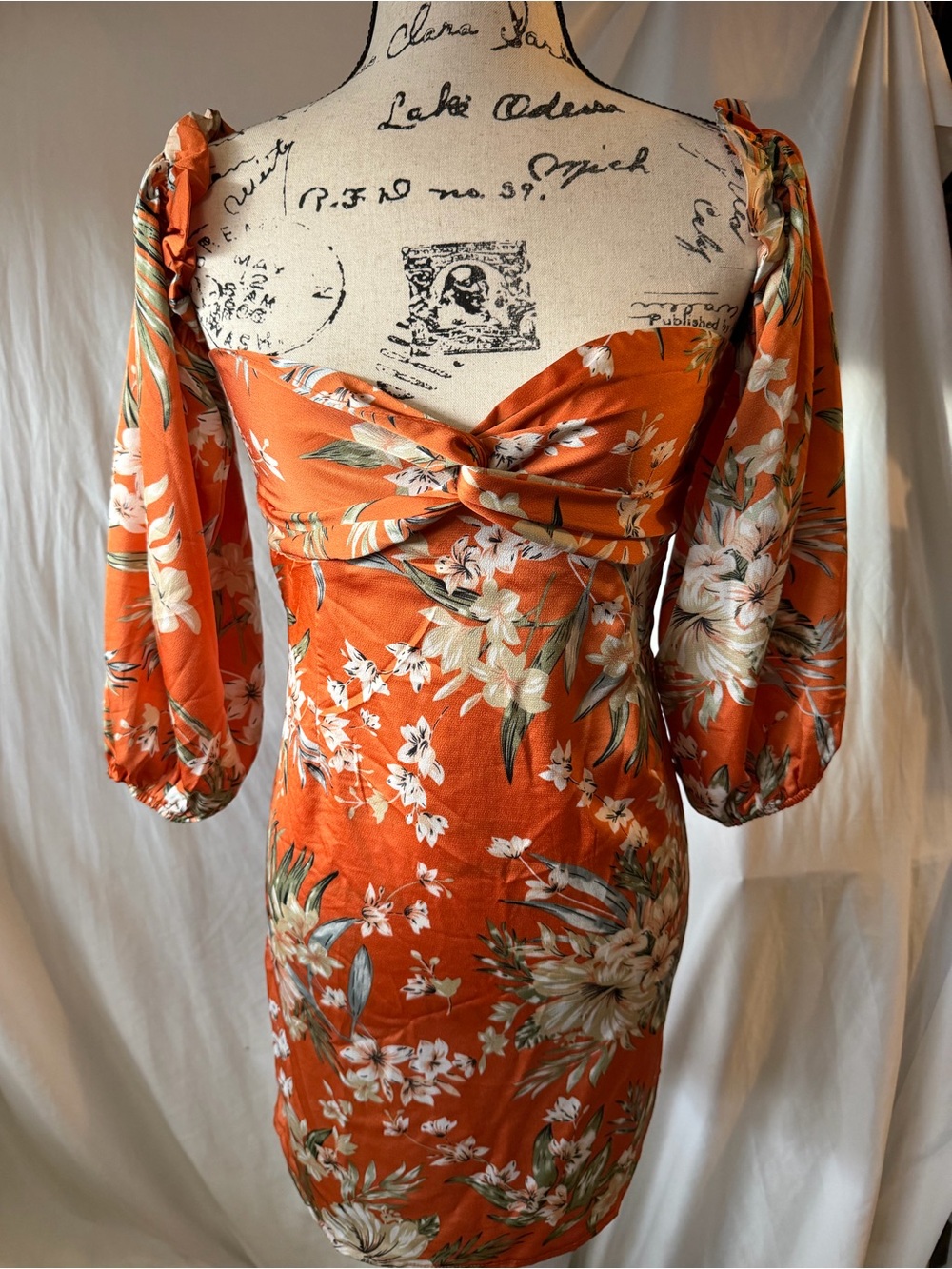 Source Unknown Orange Floral Twist-Front Puff Sleeve Mini Dress